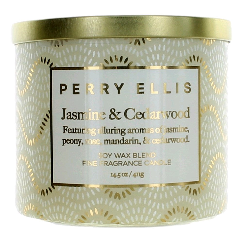 Bottle of Perry Ellis 14.5 oz Soy Wax Blend 3 Wick Candle - Jasmine & Cedarwood
